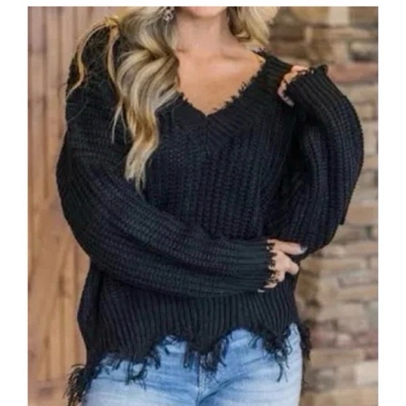 Boutique Black Frayed Distressed Sweater - Picture 6 of 8